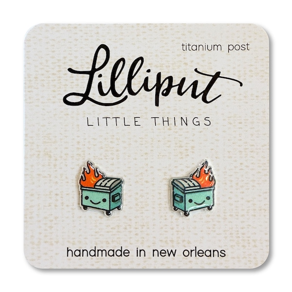 Kawaii Dumpster Fire Earrings: Funny Meme Jewelry, Titanium Posts