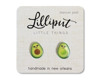 Kawaii Avocado Earrings, Titanium Posts, Smiling Faces