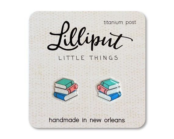 Book Stack Earrings: Librarian Gift, Titanium Posts