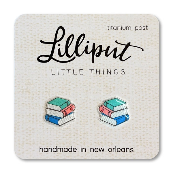 Book Stack Earrings: Librarian Gift, Titanium Posts