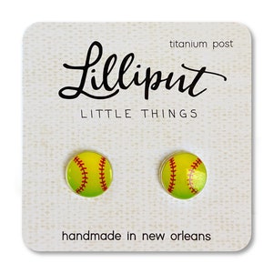 Softball Earrings // Yellow Softball Studs // Titanium Softball Stud Earrings // Softball Jewelry