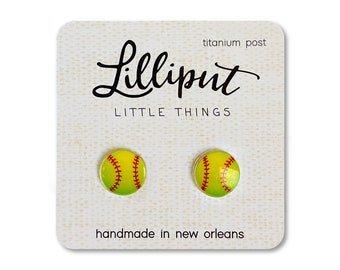 Softball Earrings // Yellow Softball Studs // Titanium Softball Stud Earrings // Softball Jewelry