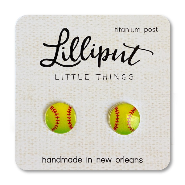 Softball Earrings // Yellow Softball Studs // Titanium Softball Stud Earrings // Softball Jewelry