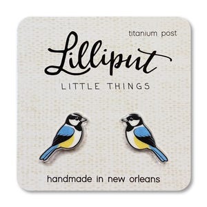 Chickadee Stud Earrings: Acrylic Bird, Titanium Posts