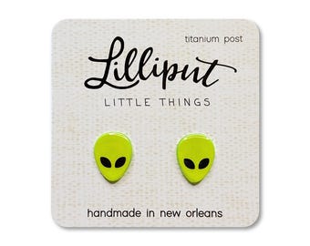 Green Alien Face Stud Earrings: Titanium Posts, Hypoallergenic
