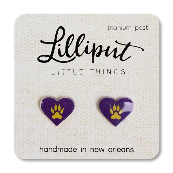 Tiger Paw Heart Earrings // Purple and Gold Earrings // Louisiana Football //