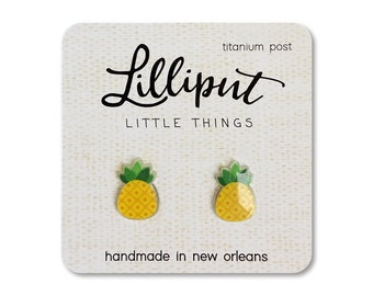 Yellow Pineapple Stud Earrings: Tropical Titanium Posts