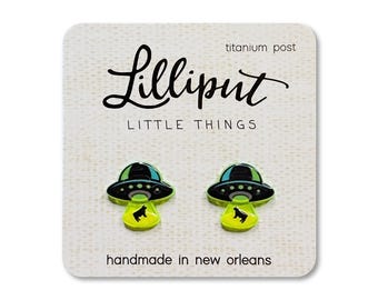 UFO Stud Earrings: Titanium Posts, Quirky Space Jewelry