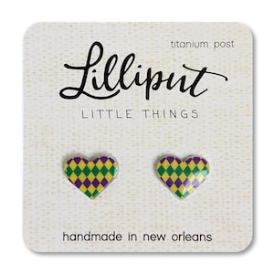 Mardi Gras Heart Earrings: Purple, Green & Gold - Titanium Posts