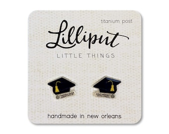 Graduation Cap Earrings: Titanium Post, UV Ink, Graduation Gift