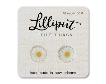 White Daisy Stud Earrings: Titanium Posts, Hypoallergenic