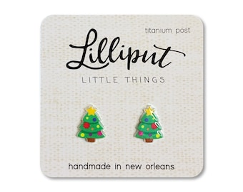 Christmas Tree Stud Earrings: Titanium Posts, Hypoallergenic