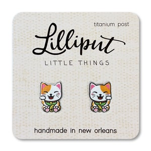 Maneki Neko Earrings: Lucky Waving Cat, Titanium Posts