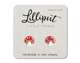 Red Mushroom Earrings: Titanium Studs, Quirky Jewelry