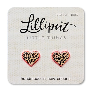 Leopard Print Heart Earrings // Leopard Studs on Neon Pink Acrylic