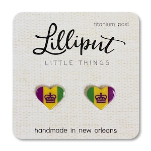 Mardi Gras Heart Earrings: Purple, Green, Gold Flag - Titanium Posts