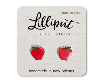 Red Apple Stud Earrings, Teacher Gift: Titanium Posts