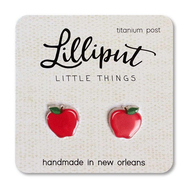 Red Apple Stud Earrings, Teacher Gift: Titanium Posts