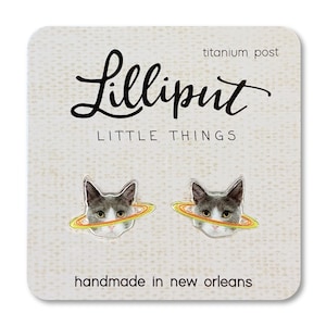 Caturn Stud Earrings: Quirky Planet Cat Design, Titanium Posts