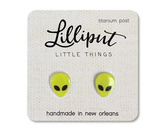 Green Alien Face Stud Earrings: Titanium Posts, Hypoallergenic