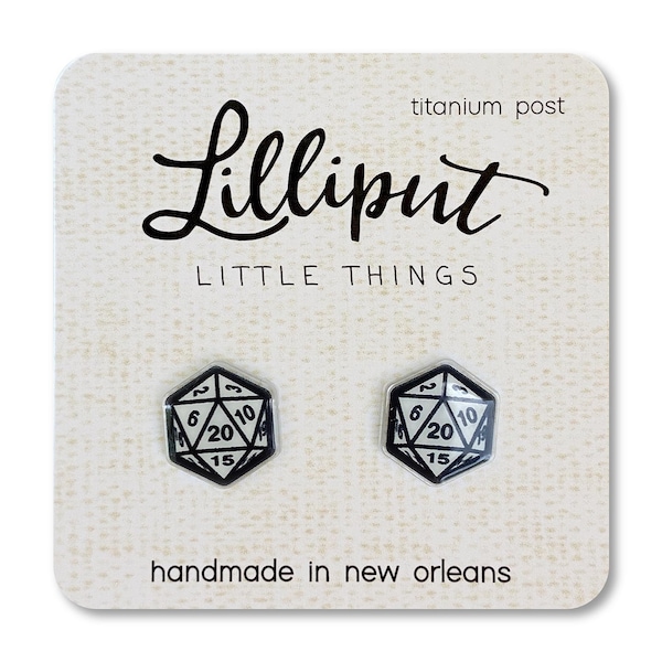 D20 Dice Stud Earrings: Titanium Posts, Geeky Jewelry