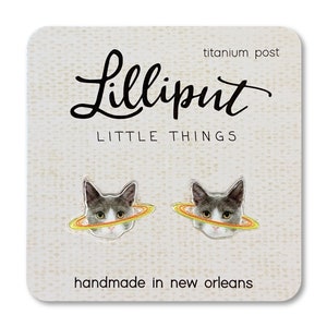 Caturn Stud Earrings: Quirky Planet Cat Design, Titanium Posts