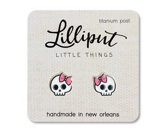 Kawaii Skull Earrings with Pink Bow, Titanium Posts