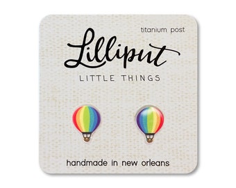 Rainbow Hot Air Balloon Earrings: Quirky Titanium Post Earrings