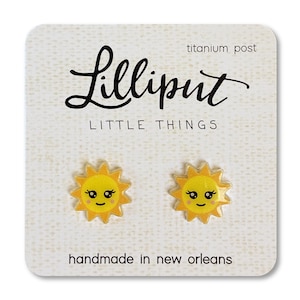 Kawaii Sun Studs: Yellow Smiling Face Earrings, Titanium Posts