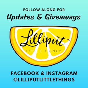 Op de afbeelding: Een afbeelding met een citroenplakontwerp en de tekst "Lilliput Little Things". De afbeelding bevat ook de zinnen "Volg voor updates & weggeefacties" en social media handles voor Facebook en Instagram.