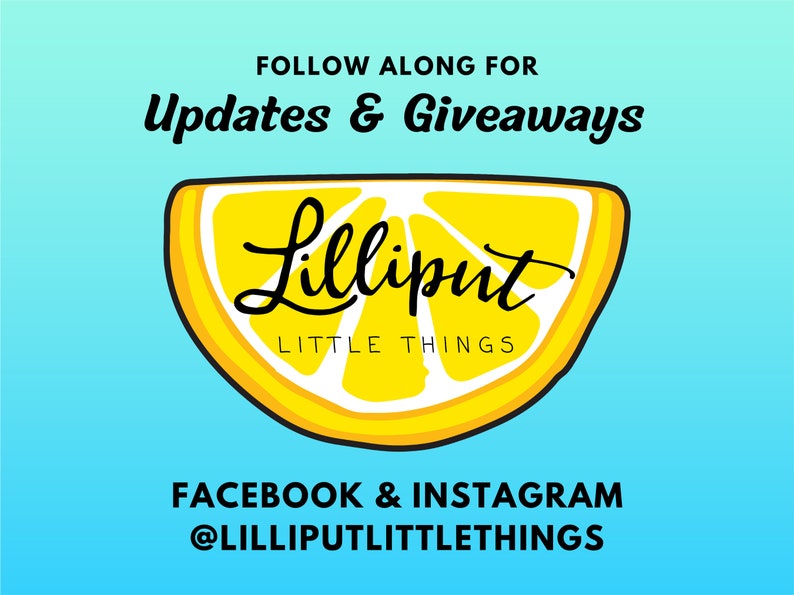 Op de afbeelding: Een afbeelding met een citroenplakontwerp en de tekst "Lilliput Little Things". De afbeelding bevat ook de zinnen "Volg voor updates & weggeefacties" en social media handles voor Facebook en Instagram.