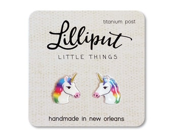 Pink Unicorn Stud Earrings: Titanium Posts, Rainbow Hair