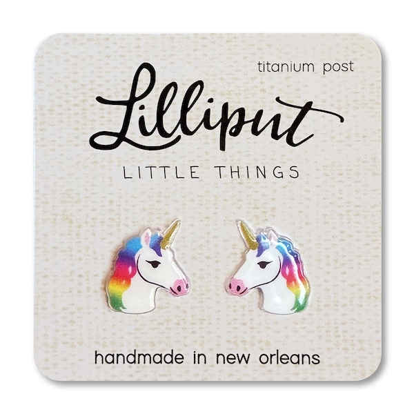 Pink Unicorn Stud Earrings: Titanium Posts, Rainbow Hair