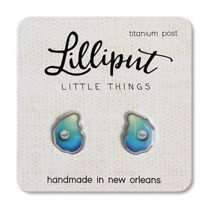 Oyster Pearl Stud Earrings: Aqua Blue Titanium Posts, New Orleans Gift