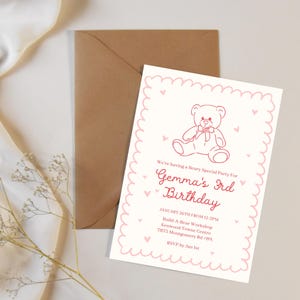 Construire un ours pour le 3e anniversaire de garçon ou fille, carte d'invitation modifiable 5 x 7, carte imprimable fête noeud ours, téléchargement numérique modifiable, 023