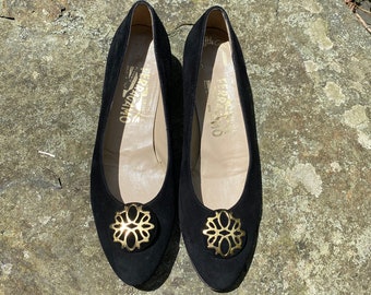 1980's Ferragamo Black Suede Wedge Heel Flats