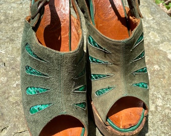 Vintage 1970's Green Suede & Snakeskin Cork Platform Sandals/Shoes
