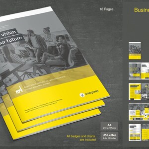 May include: A 16-page business brochure template with a yellow and gray color scheme. The cover features a group of people in a meeting, with the text "Our vision Your future" and the company logo. The brochure is ready for print and includes organized layers, paragraph styles, character styles, and colors defined as swatches.