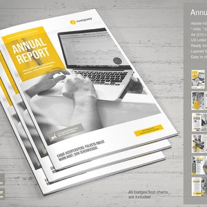May include: A yellow and gray annual report template with a photo of a person using a laptop. The text "Annual Report" is in a yellow box. The template is available in Adobe InDesign CS3 and higher. The template is available in A4 (210 x 297 mm) and US Letter (8.5 x 11 inches). The template is ready for print and includes layered files. The colors are easy to change.