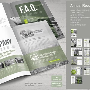 May include: A mock-up of a 28-page annual report template in Adobe InDesign. The template features a green and gray color scheme with a modern design. The report includes sections for shareholder information, our company, financial report, our new sources, and FAQ. The template is available in A4 (210 x 297 mm) and US Letter (8.5 x 11 inches) sizes.