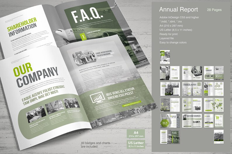 May include: A mock-up of a 28-page annual report template in Adobe InDesign. The template features a green and gray color scheme with a modern design. The report includes sections for shareholder information, our company, financial report, our new sources, and FAQ. The template is available in A4 (210 x 297 mm) and US Letter (8.5 x 11 inches) sizes.