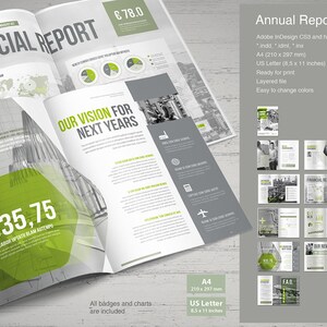 May include: A green and gray annual report template with the title "Annual Report" and the text "28 Pages". The report is designed in Adobe InDesign CS3 and higher and is available in A4 (210 x 297 mm) and US Letter (8.5 x 11 inches) sizes. The report is ready for print and includes layered files for easy color changes.