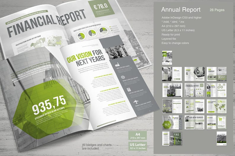 May include: A green and gray annual report template with the title "Annual Report" and the text "28 Pages". The report is designed in Adobe InDesign CS3 and higher and is available in A4 (210 x 297 mm) and US Letter (8.5 x 11 inches) sizes. The report is ready for print and includes layered files for easy color changes.