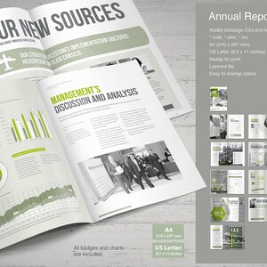 May include: A green and white annual report template with the title "Our New Sources" and a graphic of an airplane. The report includes charts, graphs, and a photo of a group of people. The report is 28 pages long and is available in Adobe InDesign CS3 and higher.