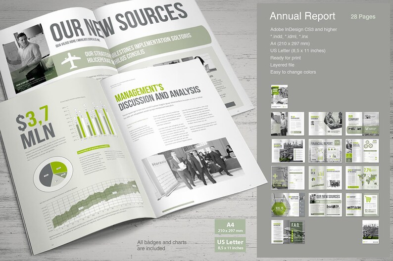 May include: A green and white annual report template with the title "Our New Sources" and a graphic of an airplane. The report includes charts, graphs, and a photo of a group of people. The report is 28 pages long and is available in Adobe InDesign CS3 and higher.