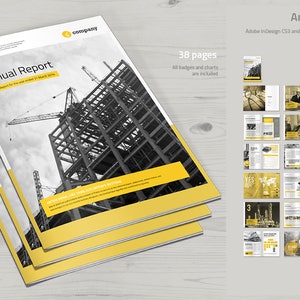 May include: A 38-page annual report template with a yellow and black color scheme. The cover features a black and white photo of a construction site with a crane. The text "Annual Report" is in a bold, sans-serif font.