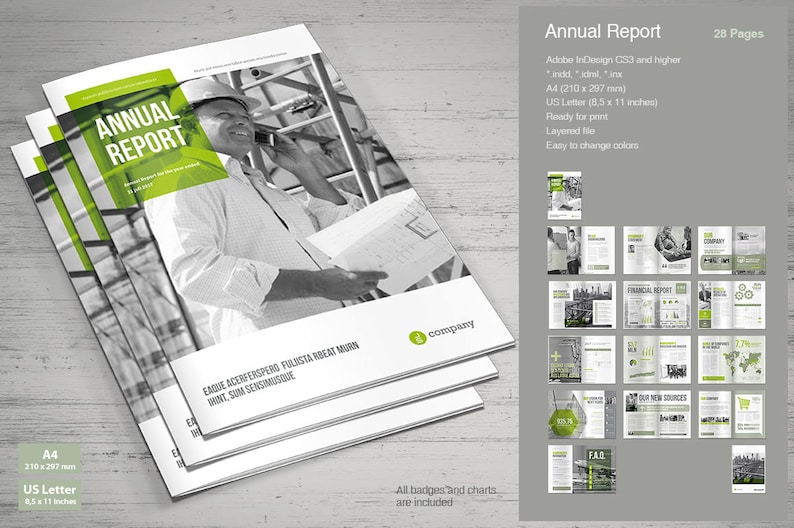 May include: A black and white image of a construction worker on a ladder. The image is used as the cover of a 28-page annual report. The report is titled "Annual Report" and includes the text "Adobe InDesign CS3 and higher", "A4 (210 x 297 mm)", "US Letter (8.5 x 11 inches)", "Ready for print", "Layered file", and "Easy to change colors".