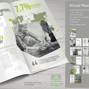 May include: A mockup of an annual report template with a green and white color scheme. The report is open to show the inside pages, which include a chairman's statement, financial report, and other sections. The report is designed in Adobe InDesign and is available in A4 and US Letter sizes. The text on the cover reads "Annual Report" and "28 Pages".
