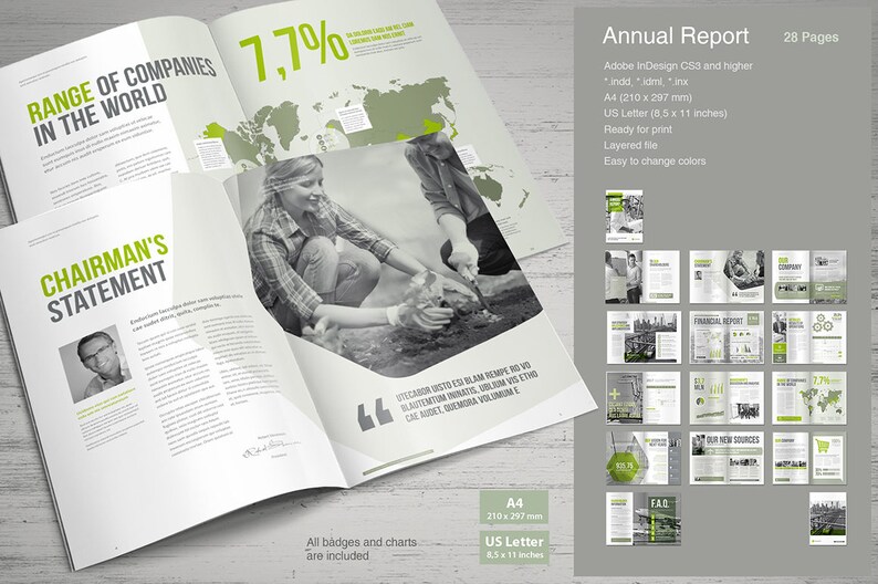 May include: A mockup of an annual report template with a green and white color scheme. The report is open to show the inside pages, which include a chairman's statement, financial report, and other sections. The report is designed in Adobe InDesign and is available in A4 and US Letter sizes. The text on the cover reads "Annual Report" and "28 Pages".