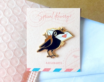 Enamel Pin - Walden the Crow with a Backpack from Realta, Deliverer of Letters! | Cute Gold, Lapel pin, For Jacket, Bag